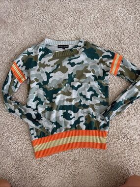 Central Park West Green and Gray Camo Sweater with Orange Trim